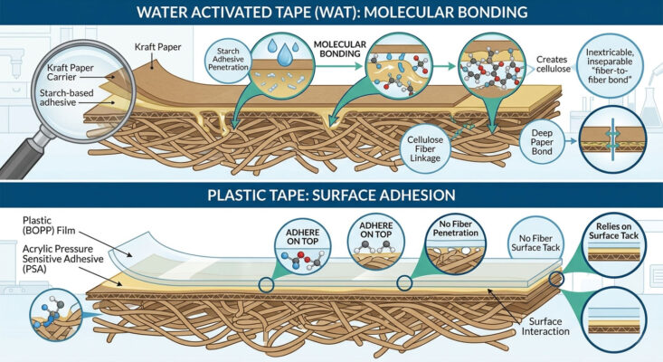 Cross-section diagram showing water activated tape bonding with cardboard fibers versus plastic tape surface adhesion
