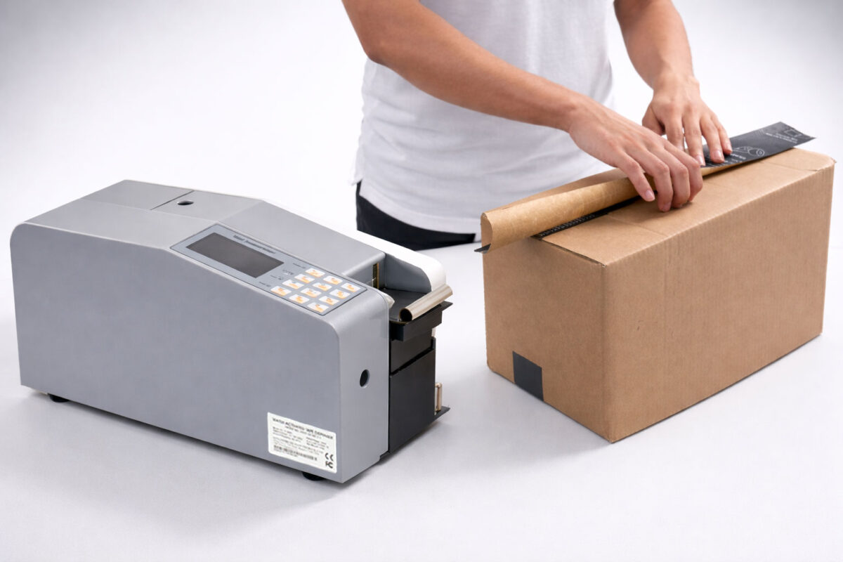 Water activated tape being applied to cardboard box with dispenser